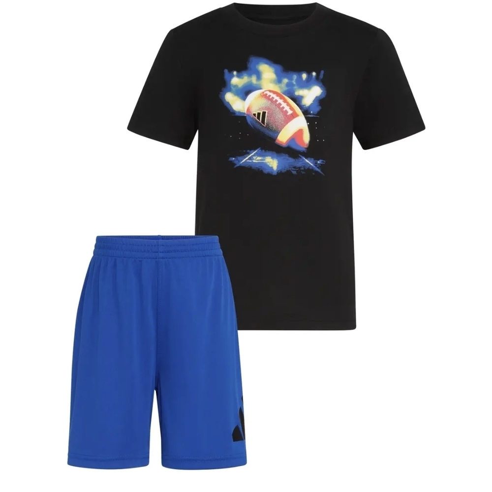 NEW Adidas Boys 7 Black Football T-Shirt and Blue Shorts Set 2 Piece AG10232C